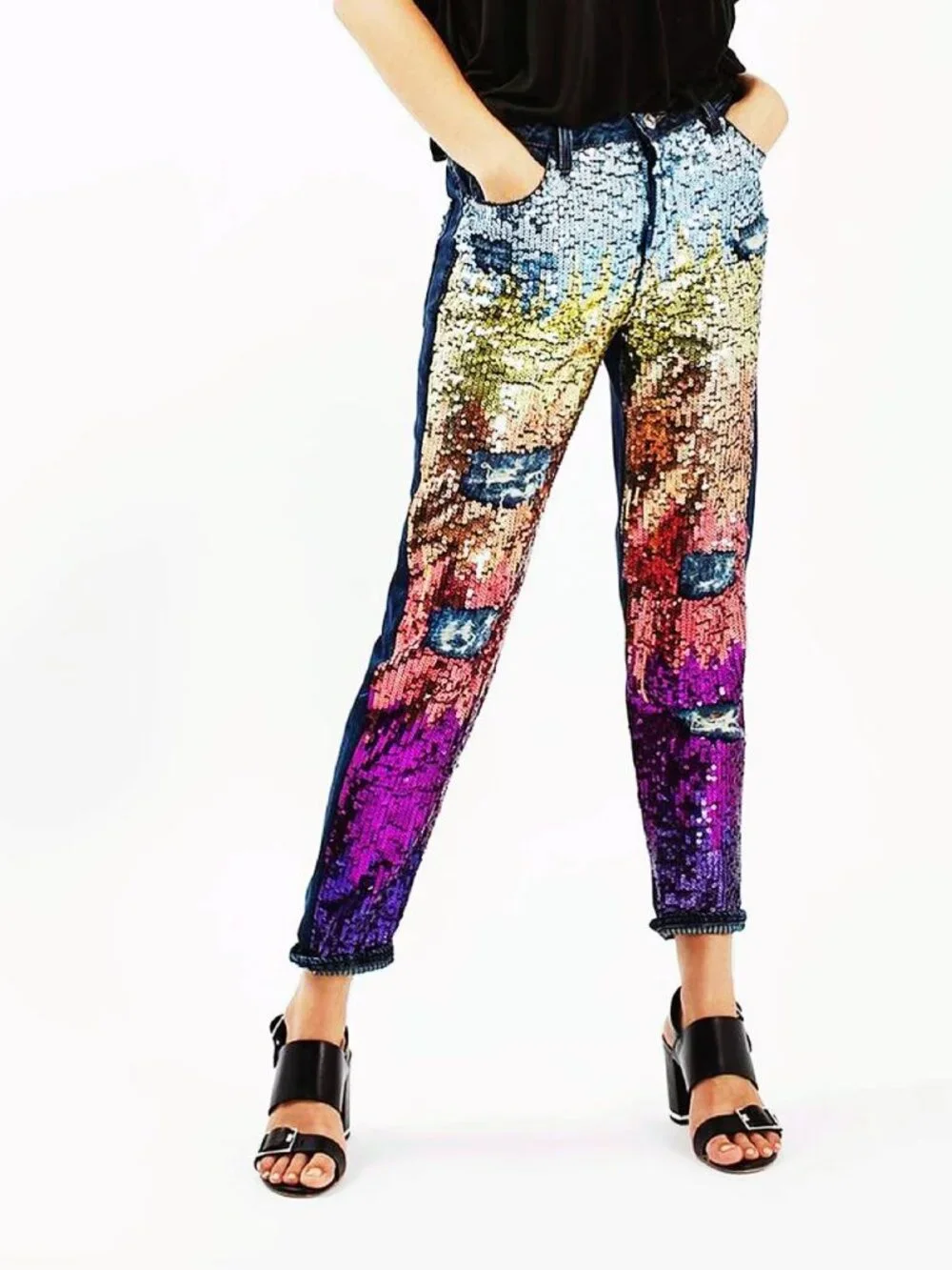 Topshop Hayden Moto Rainbow Sequin Destroyed Distressed Crop Jeans